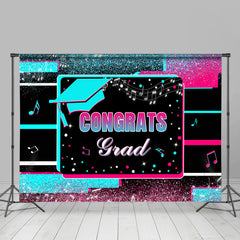 Lofaris Blue And Pink Glitter Congrats Grad Black Backdrop