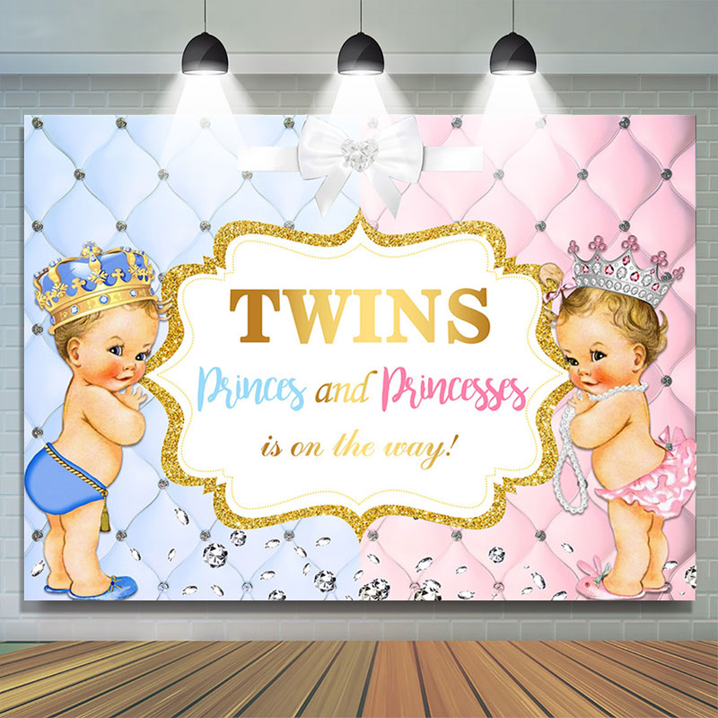 Lofaris Blue And Pink Glitter Twins Baby Shower Backdrop