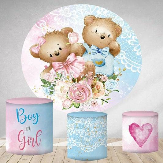 Lofaris Blue And Pink Teddy Bear Round Baby Shower Backdrop