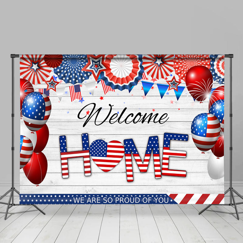 Lofaris Blue And Red USA Flags Wood Welcome Home Party Backdrop