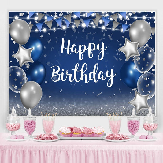 Lofaris Blue and Silver Star Balloon Happy Birthday Backdrop