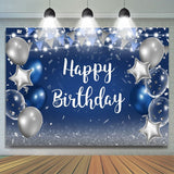 Load image into Gallery viewer, Lofaris Blue and Silver Star Balloon Happy Birthday Backdrop