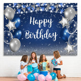 Load image into Gallery viewer, Lofaris Blue and Silver Star Balloon Happy Birthday Backdrop