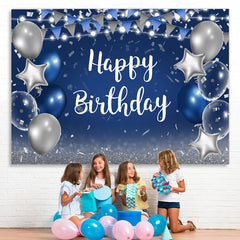 Lofaris Blue and Silver Star Balloon Happy Birthday Backdrop