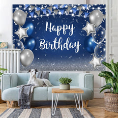 Lofaris Blue and Silver Star Balloon Happy Birthday Backdrop