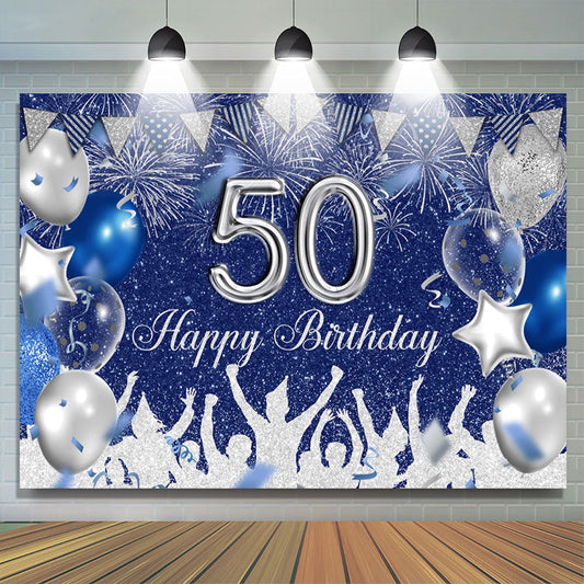 Lofaris Blue And Silver Glitter Balloons 50th Birthday Backdrop
