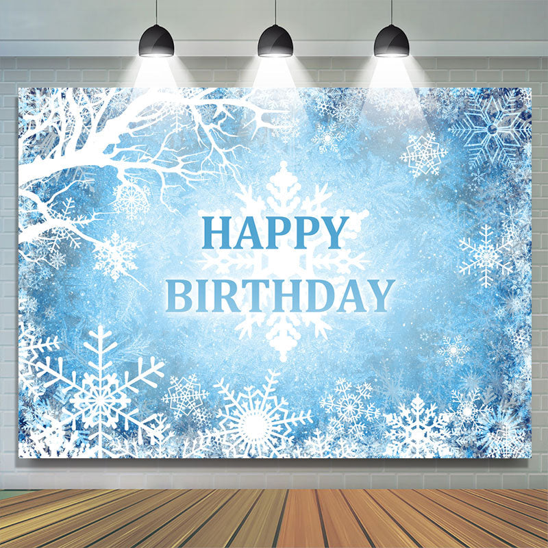Lofaris Blue And White Snowy Winter Happy Birthday Backdrop