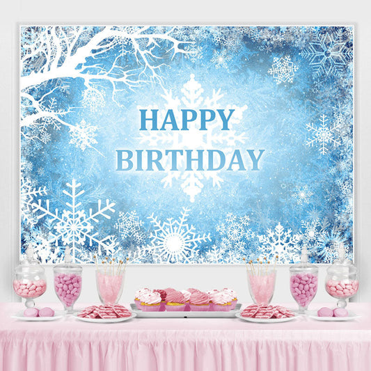 Lofaris Blue And White Snowy Winter Happy Birthday Backdrop