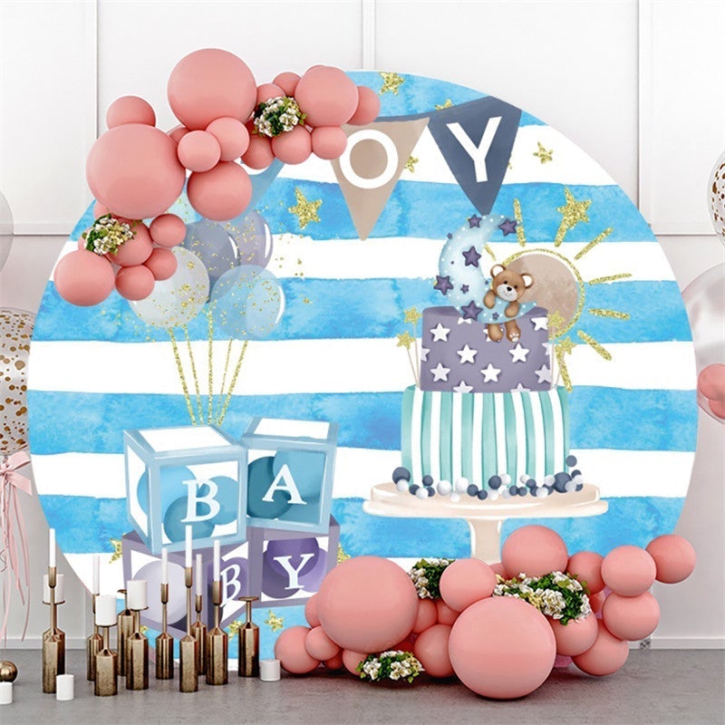 Blue And White Stripes Round Baby Shower Backdrop -Lofaris