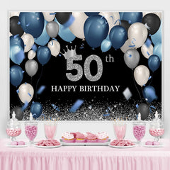 Lofaris Blue Balloon 50th Birthday Glitter Black Backdrop