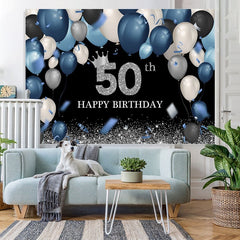 Lofaris Blue Balloon 50th Birthday Glitter Black Backdrop