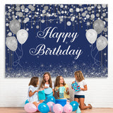 Load image into Gallery viewer, Lofaris Blue Boken and Silver Balloon Happy Birthday Backdrop