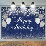 Load image into Gallery viewer, Lofaris Blue Boken and Silver Balloon Happy Birthday Backdrop
