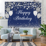 Load image into Gallery viewer, Lofaris Blue Boken and Silver Balloon Happy Birthday Backdrop