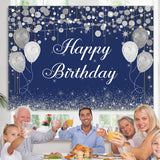 Load image into Gallery viewer, Lofaris Blue Boken and Silver Balloon Happy Birthday Backdrop