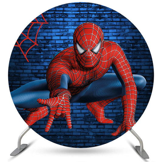 Lofaris Blue Bricks Round Cartoon Hero Birthday Backdrop For Boy