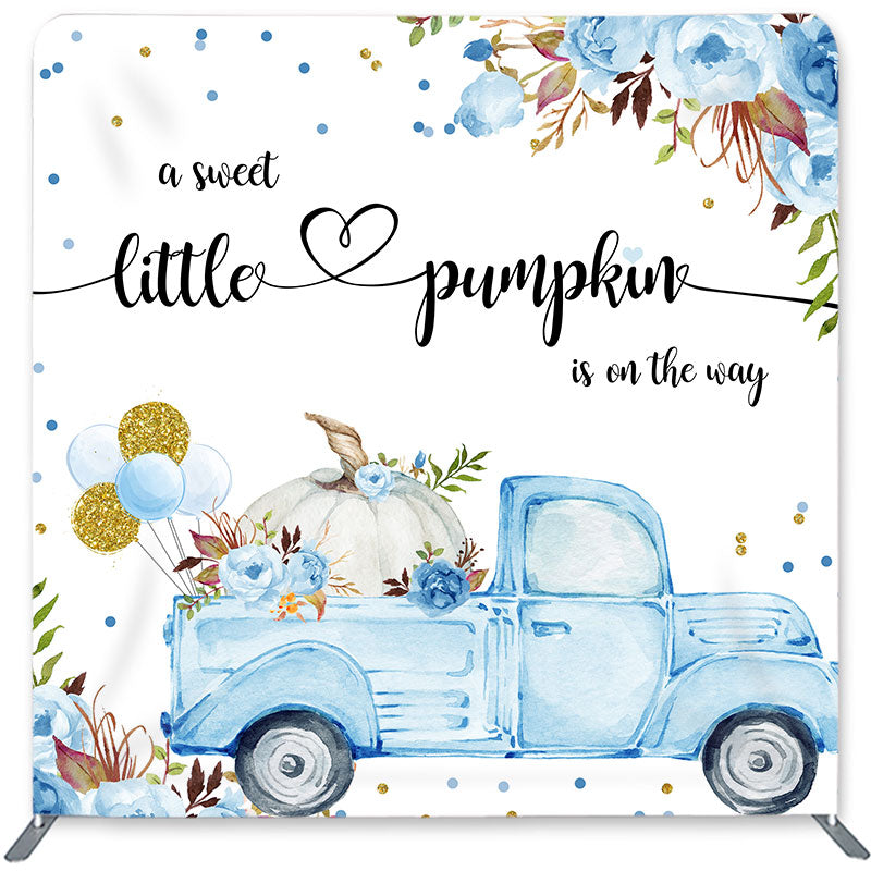Lofaris Blue Car Pumpkin Double-Sided Backdrop for Baby Shower