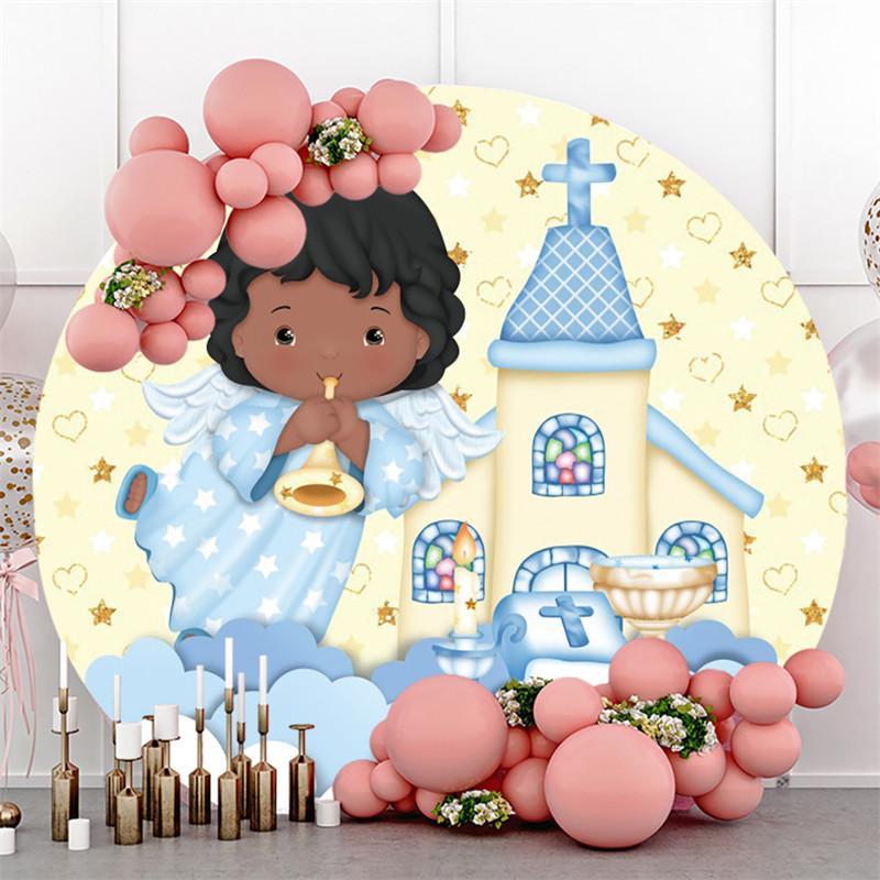 Lofaris Blue Cloud Angel Yellow Church Round Backdrops for Baby Shower