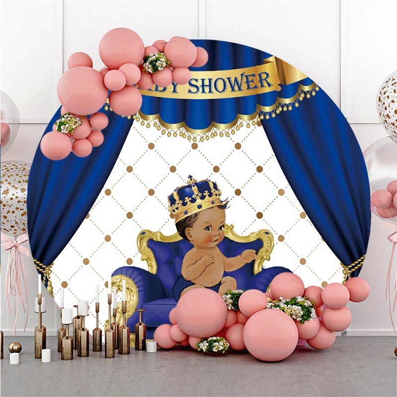 Lofaris Blue Curtain With Crown Boy Circle Baby Shower Backdrop