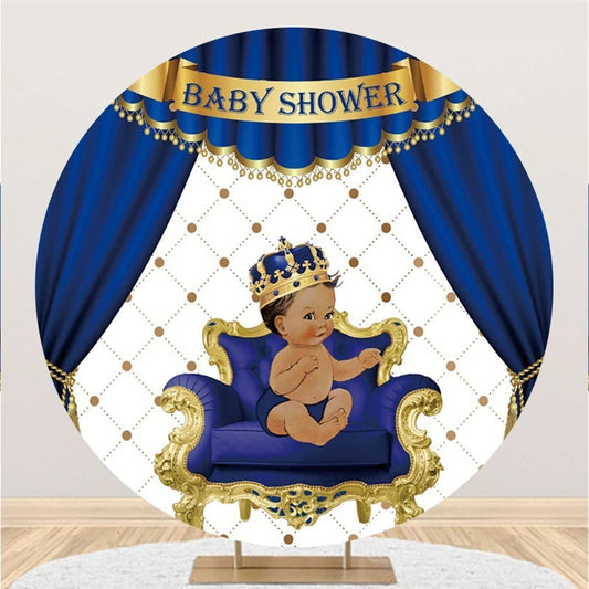 Lofaris Blue Curtain With Crown Boy Circle Baby Shower Backdrop