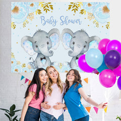 Lofaris Blue Elephant And Floral Baby Shower Backdrop For Twins