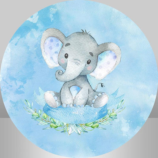 Lofaris Blue Elephant And Leaves Boys Round Baby Shower Backdrop