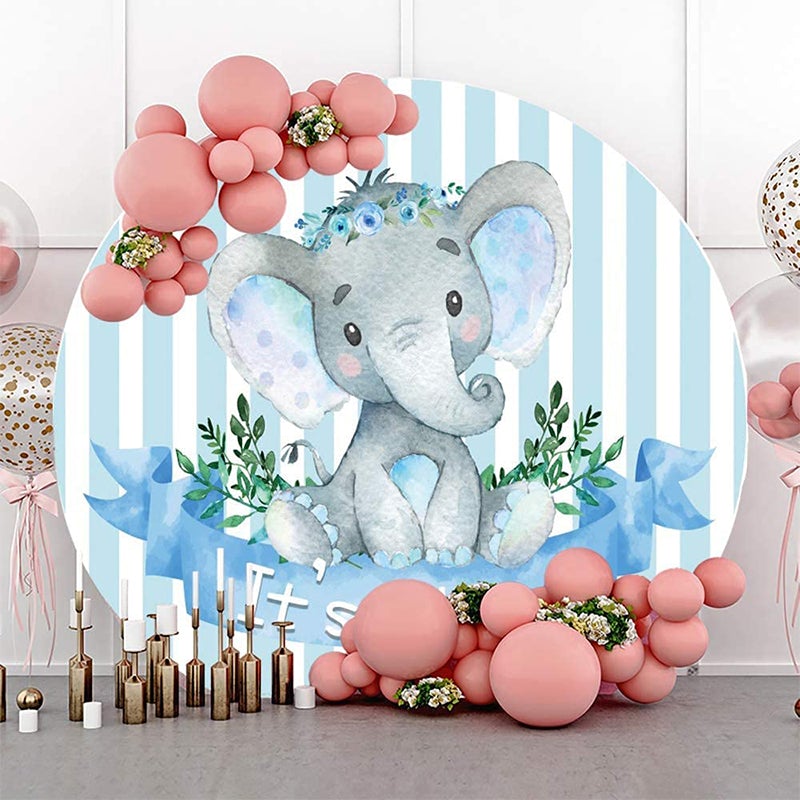 Lofaris Blue Elephant Floral Round Baby Shower Backdrop For Boy