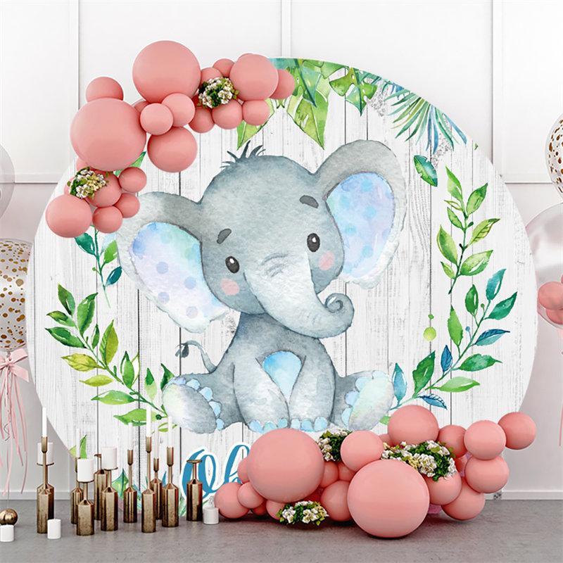 Lofaris Blue Elephant With Wood Round Baby Shower Backdrop