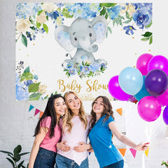 Lofaris Blue Floral and Baby Elephent Shower Backdrop