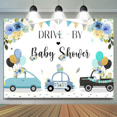 Lofaris Blue Floral And Balloon Car Drive By Baby Shower Backdrop