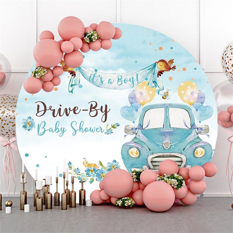 Lofaris Blue Floral And Car Its A Boy Round Baby Shower Backdrop