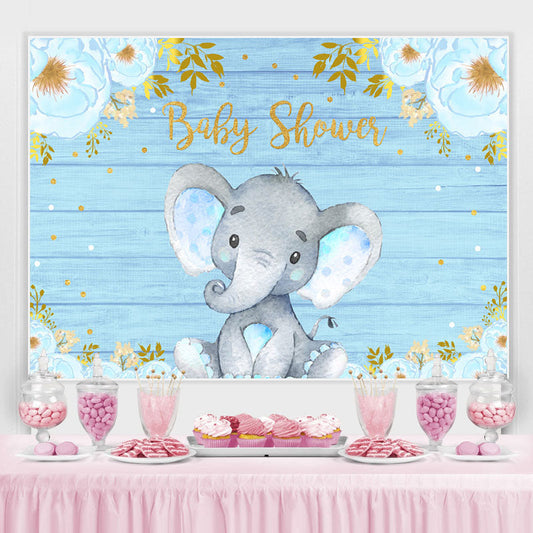 Lofaris Blue Floral And Elephant Wood Baby Shower Backdrop