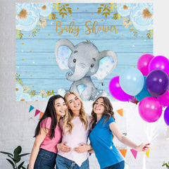 Lofaris Blue Floral And Elephant Wood Baby Shower Backdrop