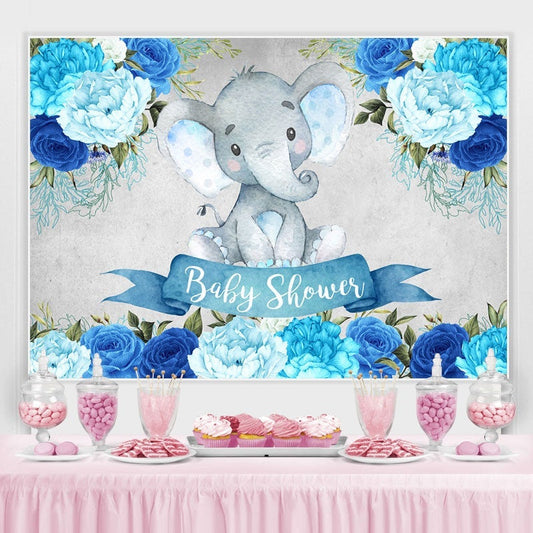 Lofaris Blue Floral Baby Elephent Shower Backdrop for Boy