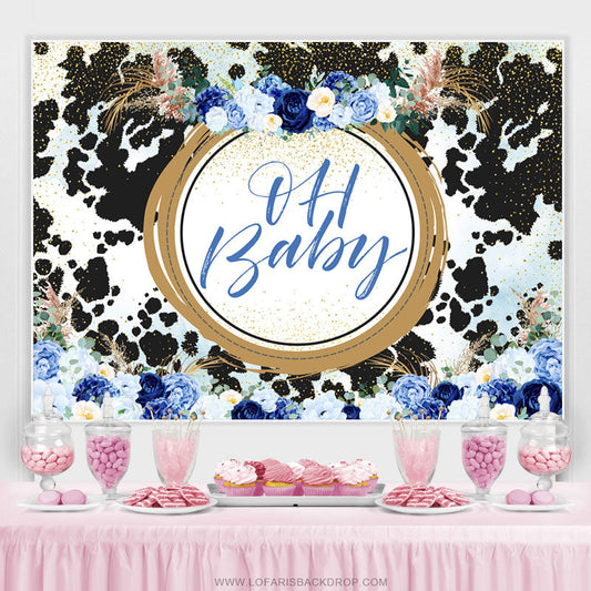 Lofaris Blue Floral Dairy Cattle Gold Baby Shower Backdrop