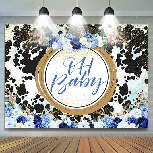Lofaris Blue Floral Dairy Cattle Gold Baby Shower Backdrop