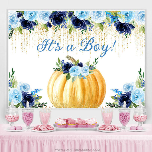 Lofaris Blue Floral Gold Glitter Pumpkin Baby Shower Backdrop