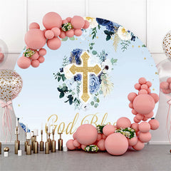 Lofaris Blue Floral Gold God Bless Round Baby Shower Backdrop
