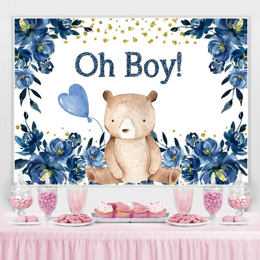 Lofaris Blue flower balloon teddy bear baby shower Backdrop