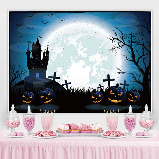 Lofaris Blue Full Moon Pimpkin Cemetery Castle Spooky Halloween Backdrop