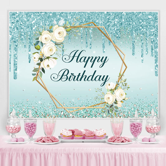 Lofaris Blue Glitter And Floral Happy Birthday Party Backdrop