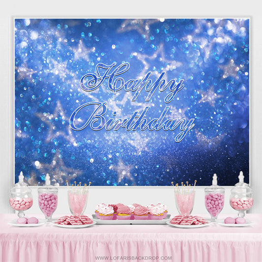 Lofaris Blue Glitter Stars Bokeh Happy Birthday Backdrop