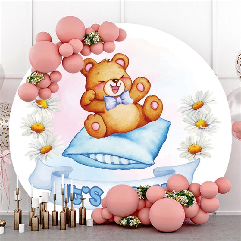 Lofaris Blue Its A Boy Bear And Pillow Round Baby Shower Backdrop