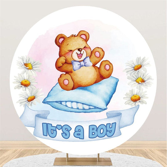 Lofaris Blue Its A Boy Bear And Pillow Round Baby Shower Backdrop