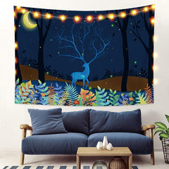 Lofaris Blue Light Elk Moon Animal Forest Cartoon Custom Tapestry
