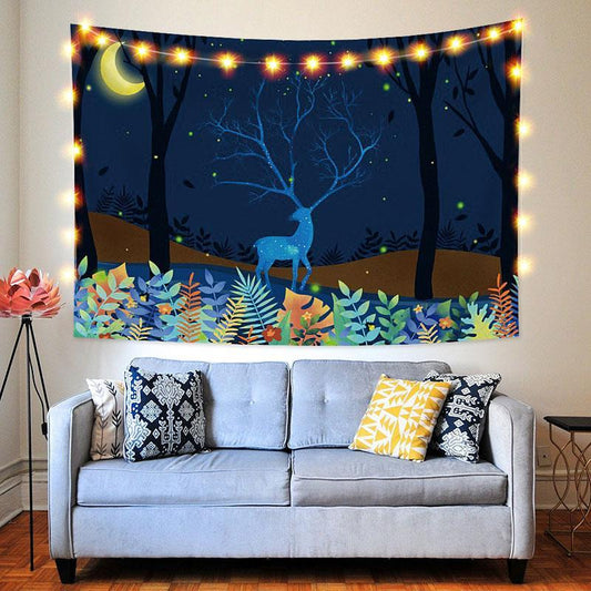 Lofaris Blue Light Elk Moon Animal Forest Cartoon Custom Tapestry