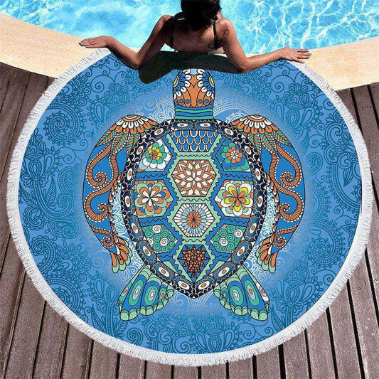 Lofaris Blue Mandala Pattern Turtle Circle Beach Towel With Fringe