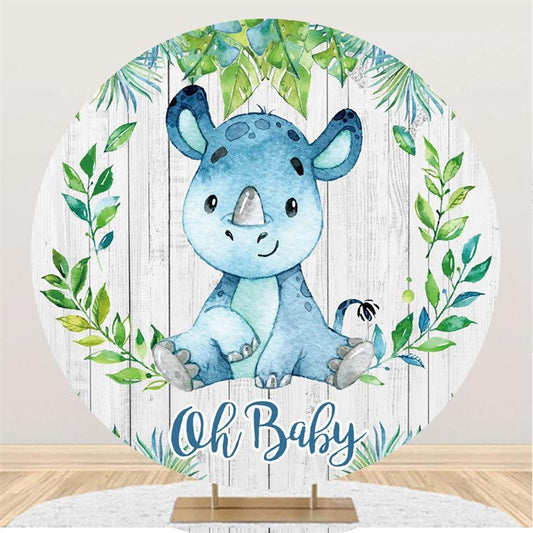 Lofaris Blue Rhinoceros With Wood Round Baby Shower Backdrop
