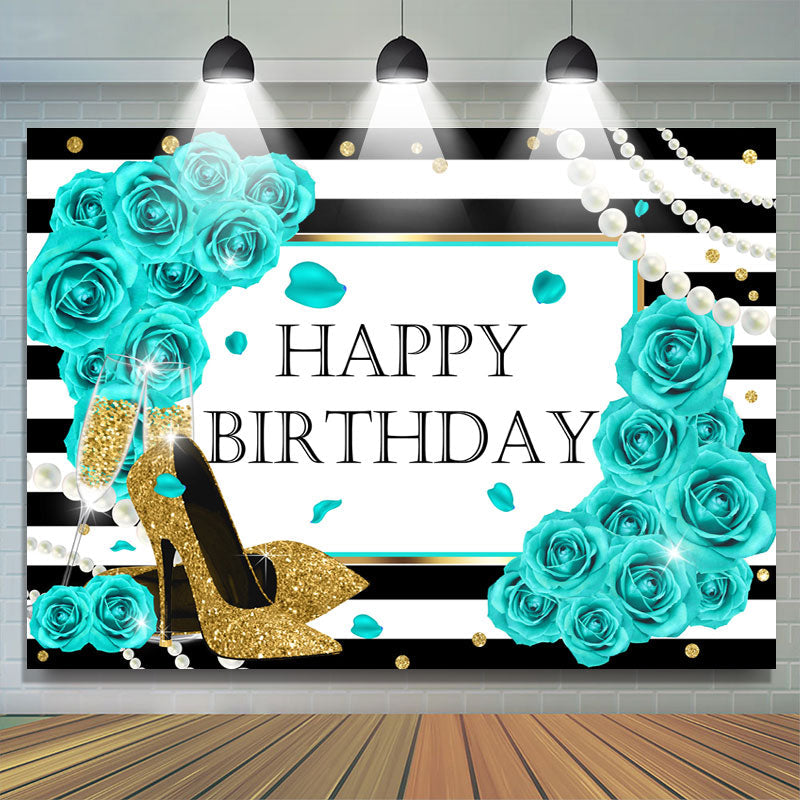 Lofaris Blue Rose Glitter High-Heels Happy Birthday Backdrop