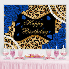 Lofaris Blue Roses Leopard Glitter Happy Birthday Backdrop